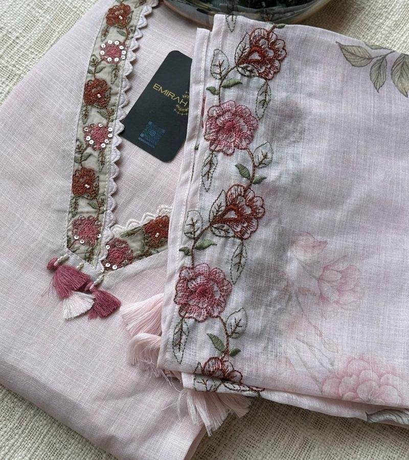  Chic Semi-Linen Suit with Floral Embroidery & Santoon Bottom - Mixed Colors