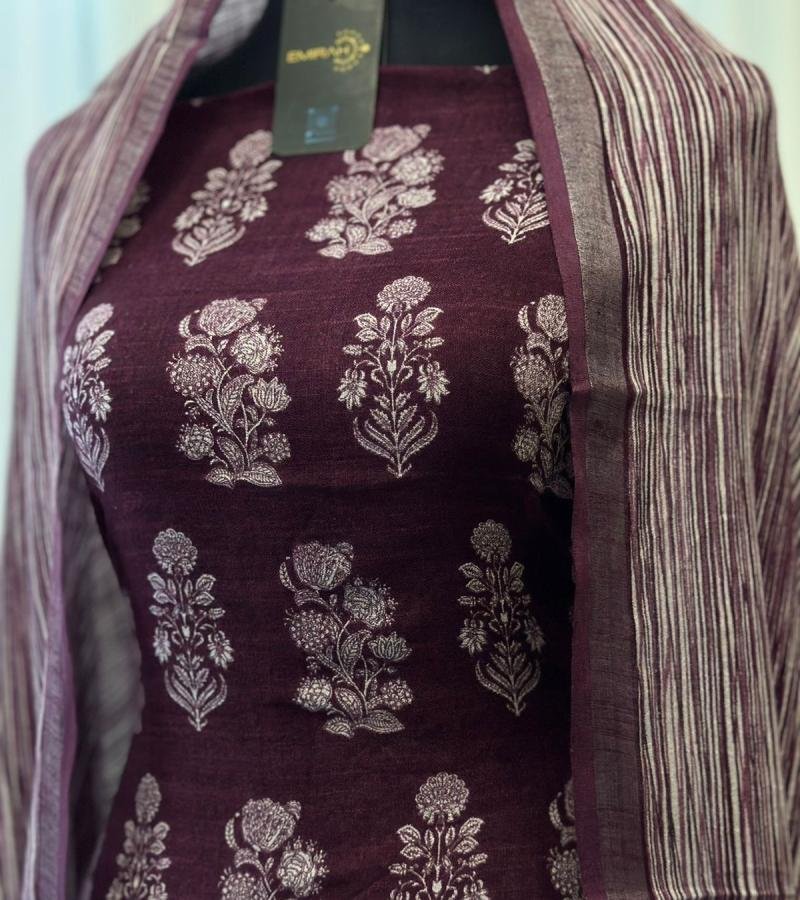 Regal Maroon Cotton Linen Suit with Mughal Prints - Mixed Colors