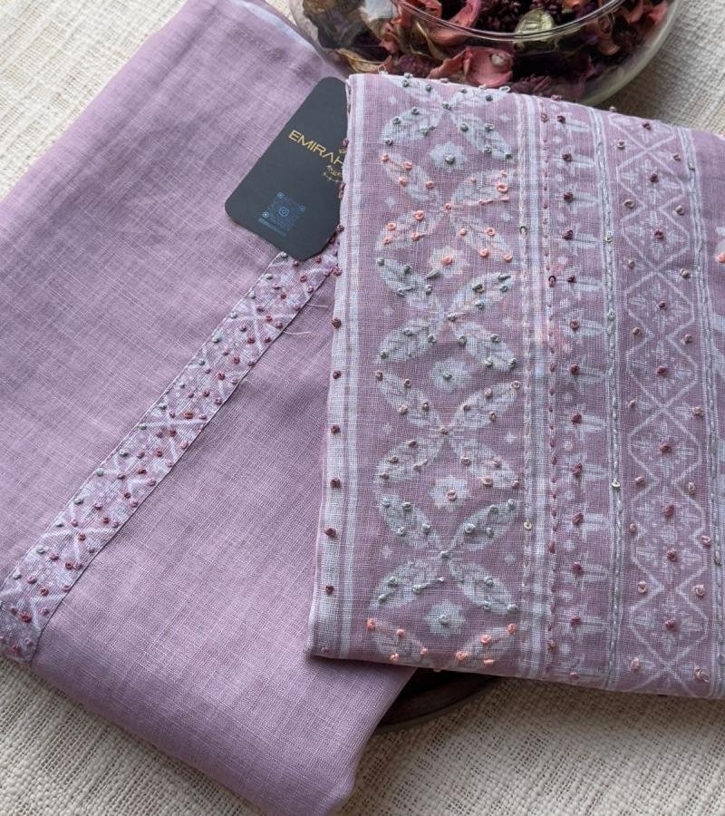 Elegant Mauve Semi-Linen Suit with Subtle Embellishments - Mixed Colors