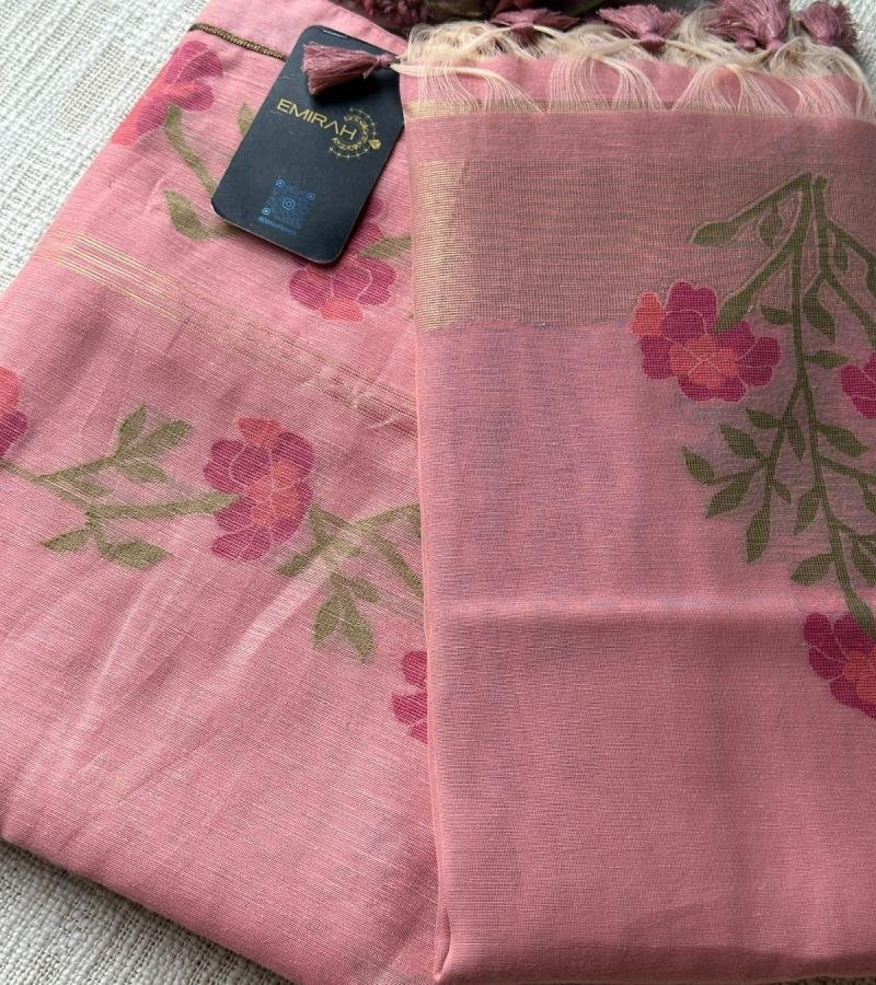Graceful Pink Chanderi Jamdani Suit with Floral Prints - Mixed Colors