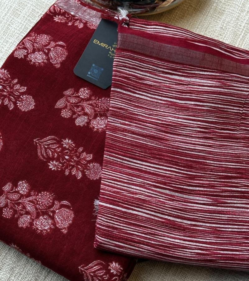 Chic Maroon Cotton Linen Suit with Printed Top - Mixed Colors