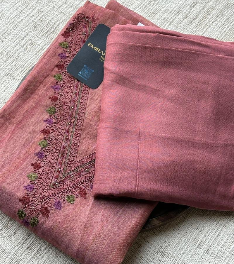 Ornate Rose Pink Tissue Linen Suit with Santoon Bottom - Mixed Colors