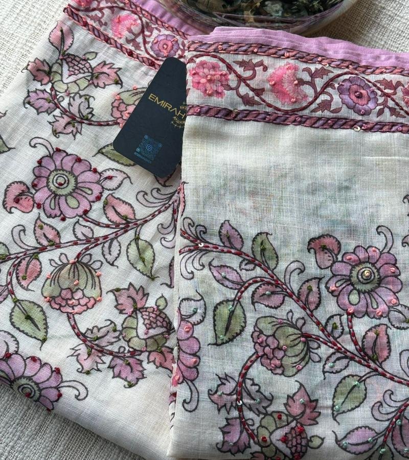 Delicate Floral Semi-Linen Suit with Santoon Bottom - Jet Black