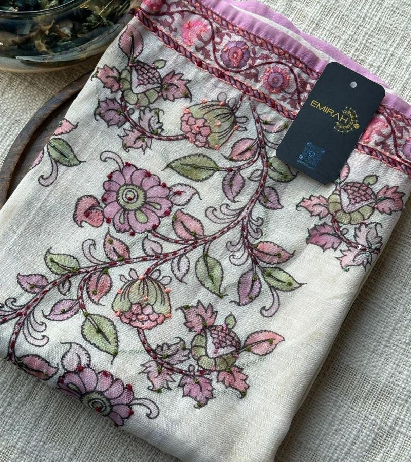 Delicate Floral Semi-Linen Suit with Santoon Bottom - Jet Black