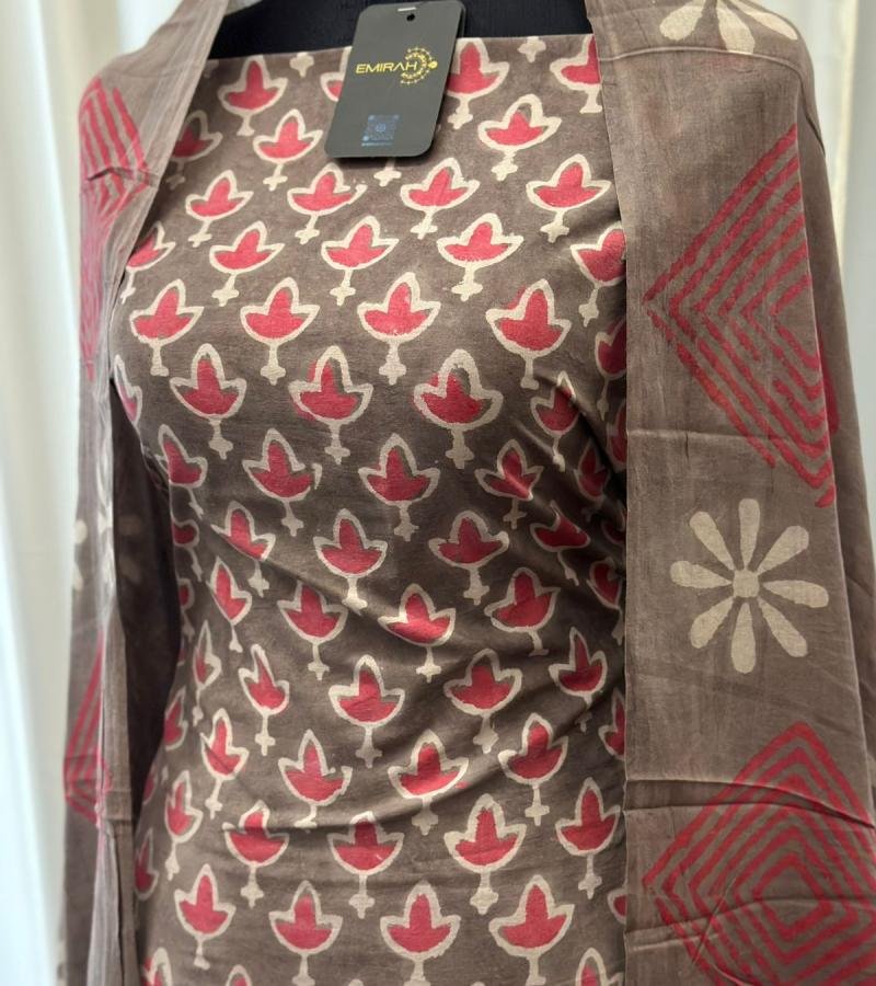Earthy Grey & Rose Hand-Block Cotton Suit - Ruby Red