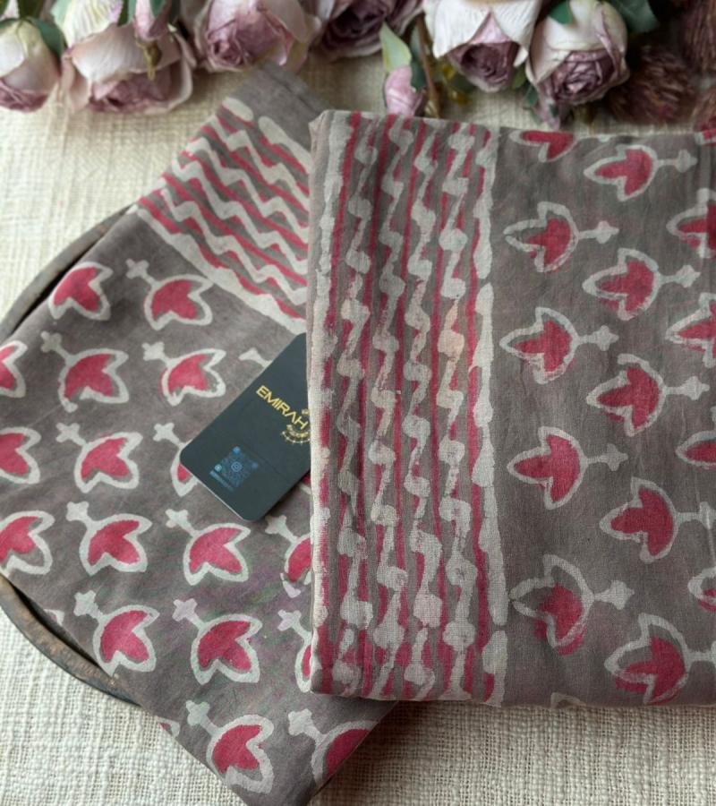 Earthy Grey & Rose Hand-Block Cotton Suit - Ruby Red
