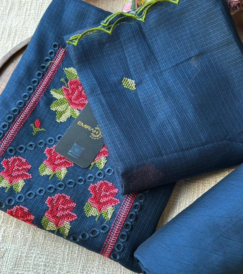 Navy Blue Floral Embroidered Kota Suit - Jet Black