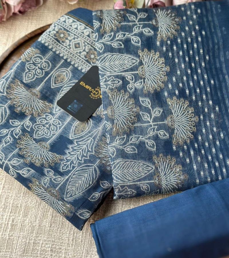 Navy Blue Jamdani Chanderi Silk Suit - Royal Blue
