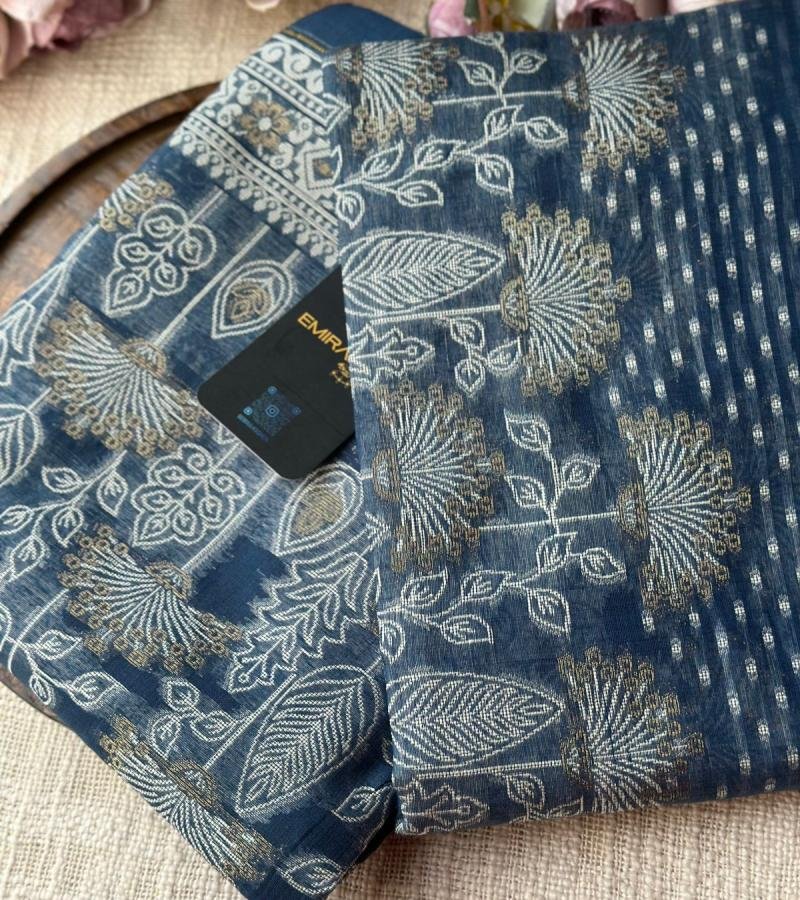 Navy Blue Jamdani Chanderi Silk Suit - Royal Blue