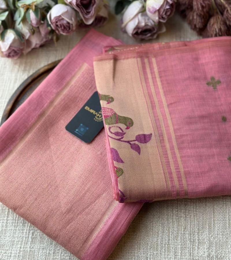 Elegant Blush Pink Jamdani Chanderi Suit - Royal Blue