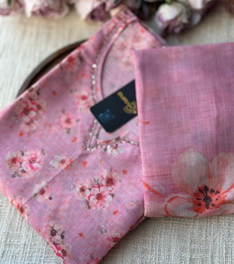 Graceful Floral Semi Linen Suit - Jet Black