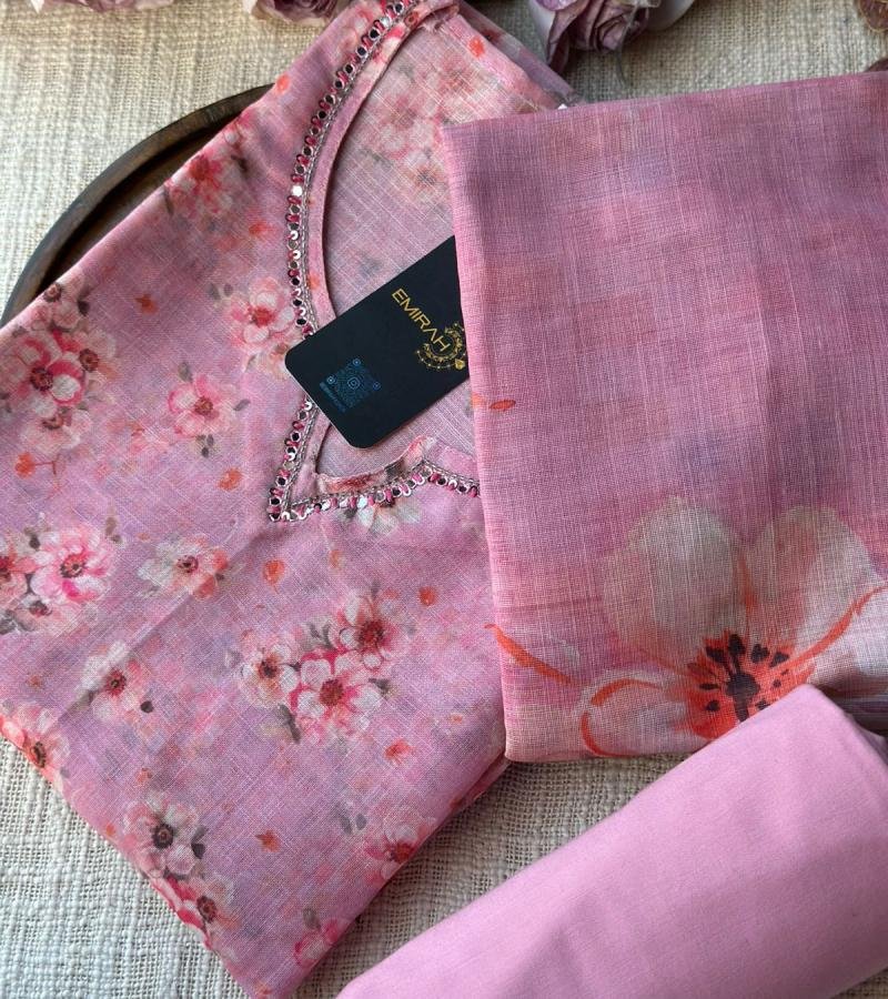 Graceful Floral Semi Linen Suit - Jet Black