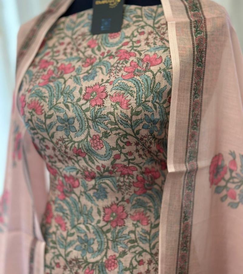 Elegant Floral Semi Linen Suit - Ruby Red