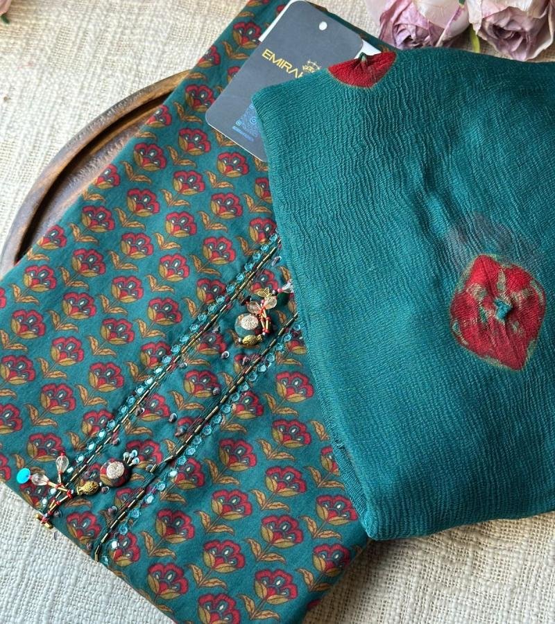 Charming Floral Cotton Suit with Textured Chiffon Dupatta - Emerald Green