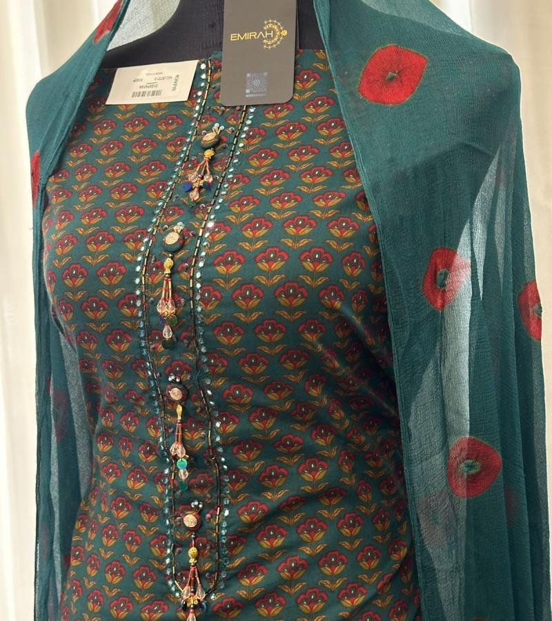 Charming Floral Cotton Suit with Textured Chiffon Dupatta - Emerald Green