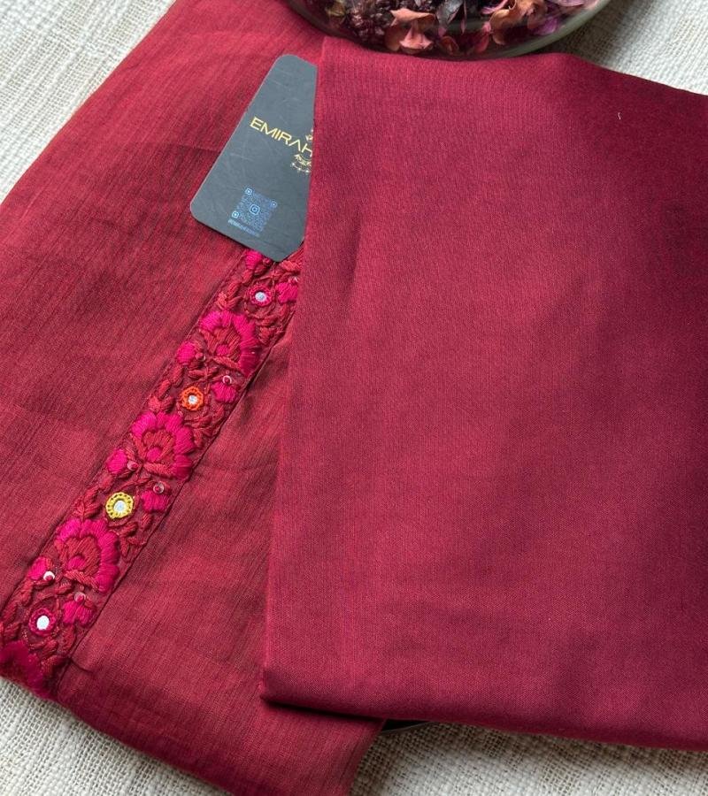 Festive Maroon Chanderi Jamdani Suit with Embroidered Neckline - Mixed Colors