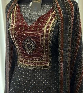 Botanical Printed Crepe Silk Suit - Jet Black