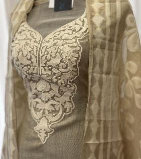 Graceful Beige Chanderi Jamdani Suit with Intricate Embroidery - Silver