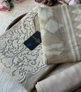 Graceful Beige Chanderi Jamdani Suit with Intricate Embroidery - Silver