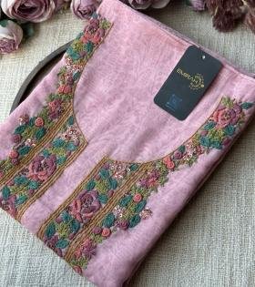 Graceful Pink Semi Linen Suit with Floral Embroidered Neckline - Ruby Red