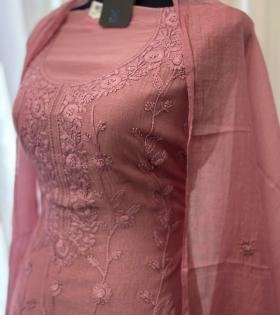 Rose Mist Mul Chanderi Suit - Jet Black