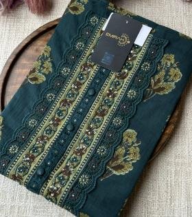 Elegant Floral Cotton Suit Set - Emerald Green