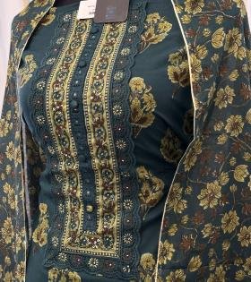 Elegant Floral Cotton Suit Set - Emerald Green