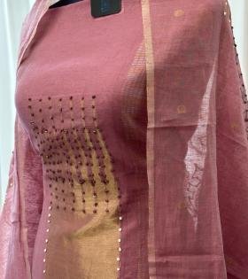 Elegant Chanderi Suit with Jamdani Weaving & Hand Embellished Detailing - Rose Pink