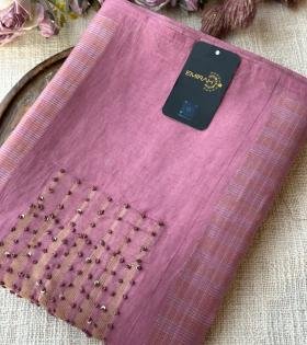 Elegant Chanderi Suit with Jamdani Weaving & Hand Embellished Detailing - Rose Pink