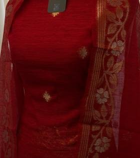 Chanderi with Jamdani Weaving ✨ - Ruby Red