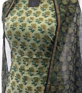 Green Floral Cotton Suit with Contrast Dupatta - Mixed Colors