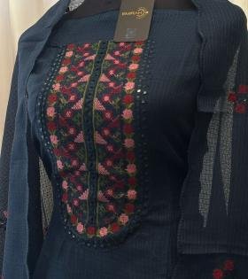 Exquisite Embroidered Kota Silk Suit  - Jet Black