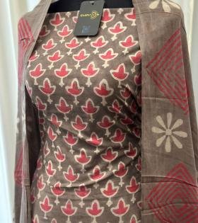 Earthy Grey & Rose Hand-Block Cotton Suit - Ruby Red