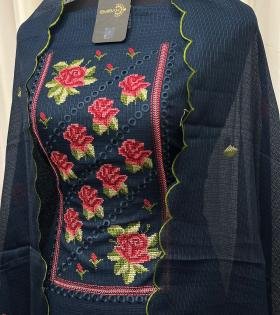 Navy Blue Floral Embroidered Kota Suit - Jet Black