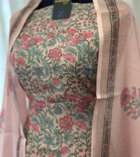 Elegant Floral Semi Linen Suit - Ruby Red