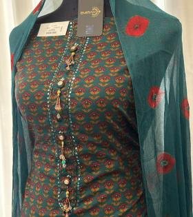 Charming Floral Cotton Suit with Textured Chiffon Dupatta - Emerald Green