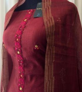 Festive Maroon Chanderi Jamdani Suit with Embroidered Neckline - Mixed Colors